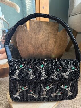 Black Beaded Cocktail Handbag with Martini Motif